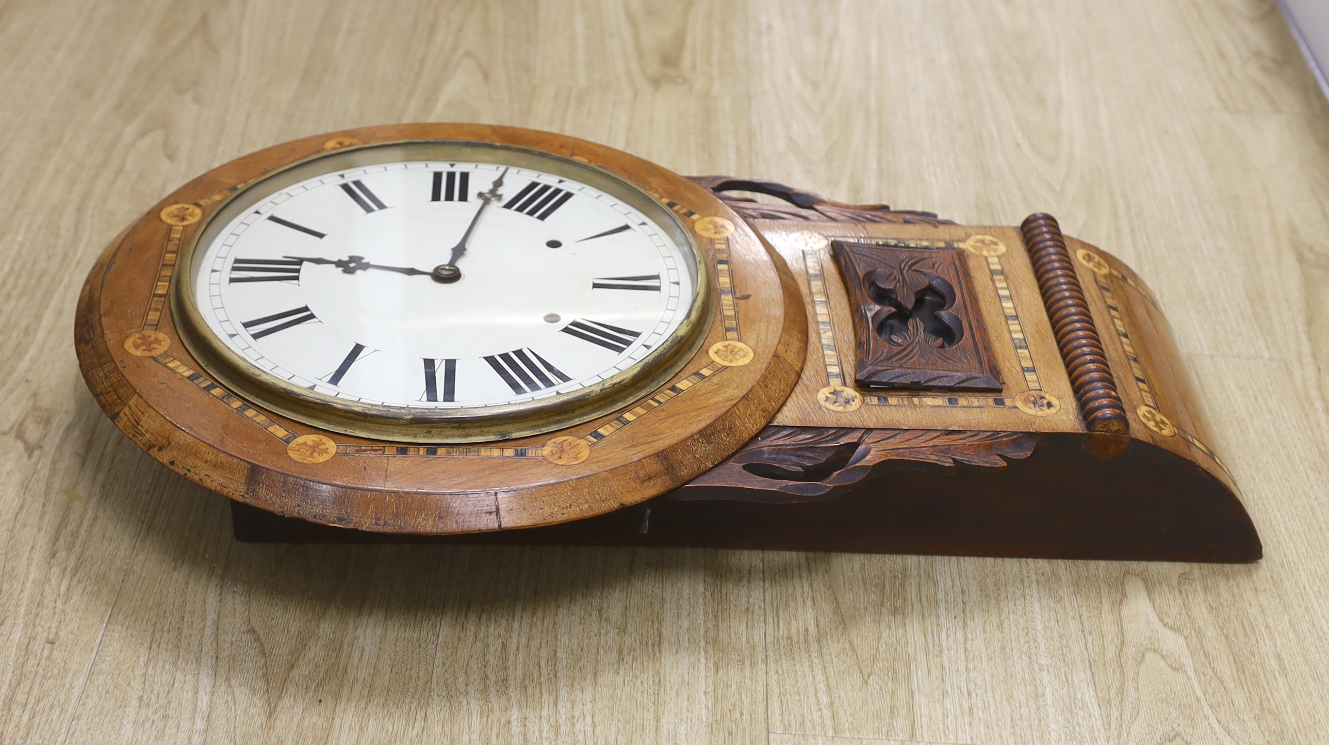 A late 19th century inlaid drop dial wall clock, 70cm